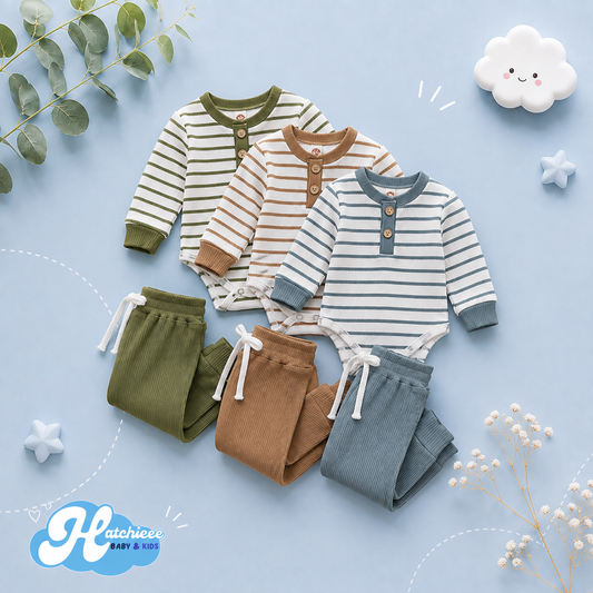 The Ash - Newborn Baby Ribbed Stripe Romper Pants Set Long Sleeve Cotton Fall Outfit