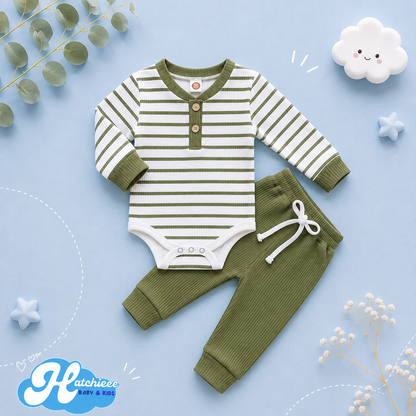 The Ash - Newborn Baby Ribbed Stripe Romper Pants Set Long Sleeve Cotton Fall Outfit