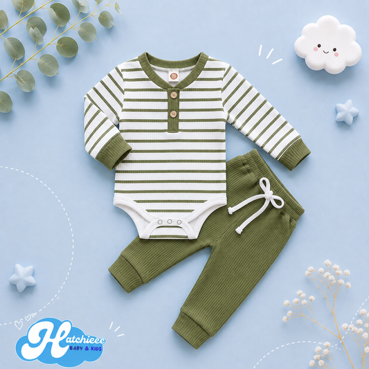 The Ash - Newborn Baby Ribbed Stripe Romper Pants Set Long Sleeve Cotton Fall Outfit