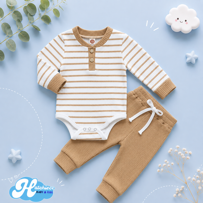 The Ash - Newborn Baby Ribbed Stripe Romper Pants Set Long Sleeve Cotton Fall Outfit