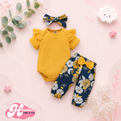 The Kendall - Newborn Baby Girl 3PCS Yellow Bodysuit Floral Pants Bow Headband Set