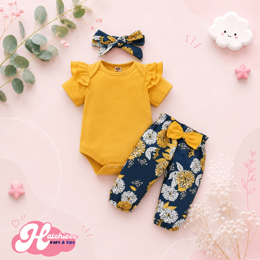 The Kendall - Newborn Baby Girl 3PCS Yellow Bodysuit Floral Pants Bow Headband Set