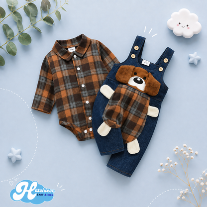The Stevie - Baby Boy 2PCS Plaid Romper & Dog Suspender Pants Spring Autumn Outfit Set