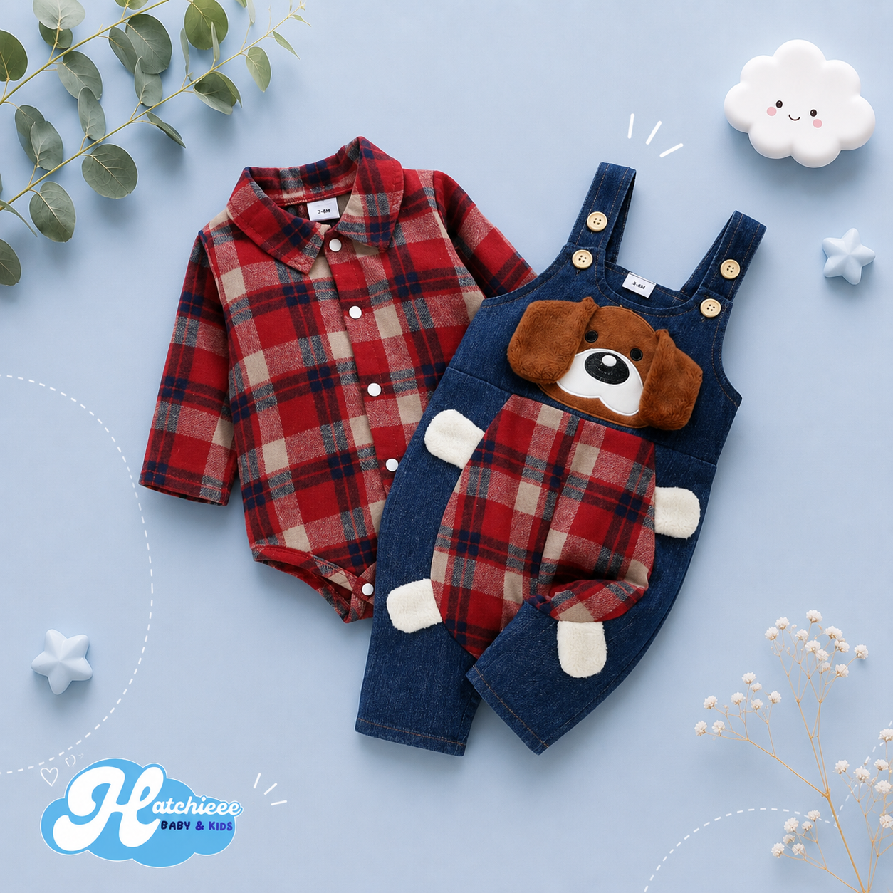 The Stevie - Baby Boy 2PCS Plaid Romper & Dog Suspender Pants Spring Autumn Outfit Set