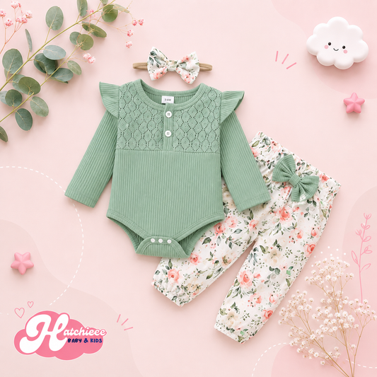 The Robbie - Baby Girl 3PC Green Long Sleeve Romper Floral Pants & Headband Spring Outfit
