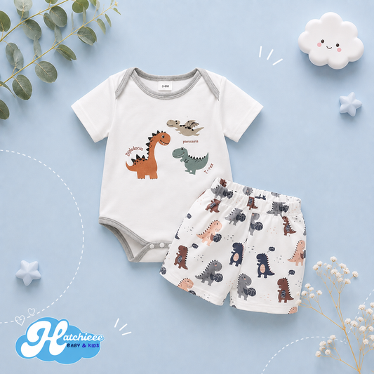 The Isaac - Newborn Baby Boy 2PCS Dinosaur Bodysuit & Shorts Summer Outfit Set
