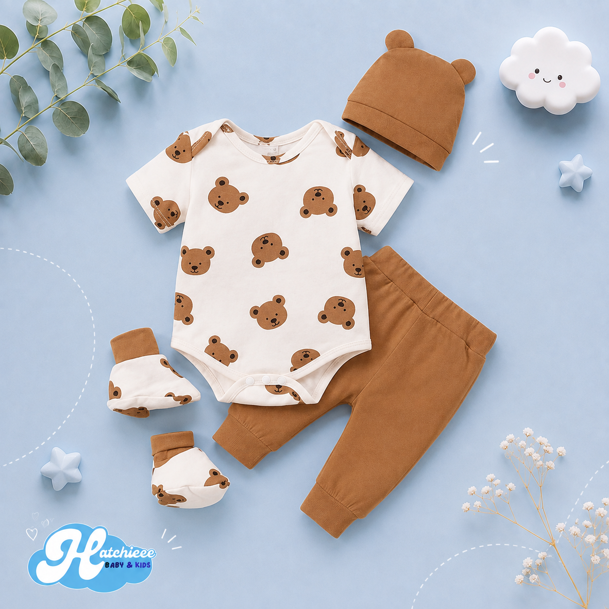 The Campbell - Baby Boy 4PCS Clothing Set Bear Print Bodysuit Pants Hat Socks Newborn