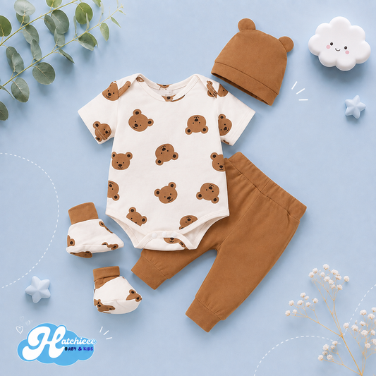 The Campbell - Baby Boy 4PCS Clothing Set Bear Print Bodysuit Pants Hat Socks Newborn