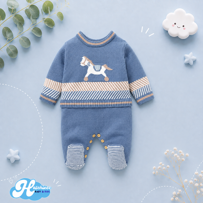 The Grayson - Baby Boy Blue Horse Print Crew Neck Long Sleeve Knitted Romper
