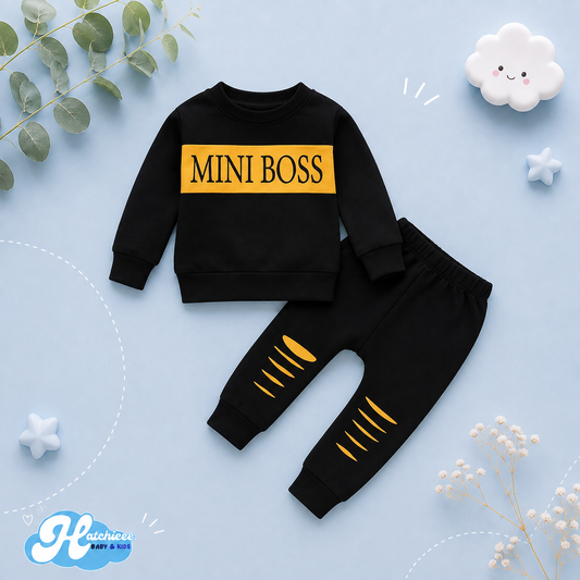 The Cleo - Newborn Baby Boy Mini Boss Long Sleeve Print Tee and Long Pants Sport Casual 2PCS Set