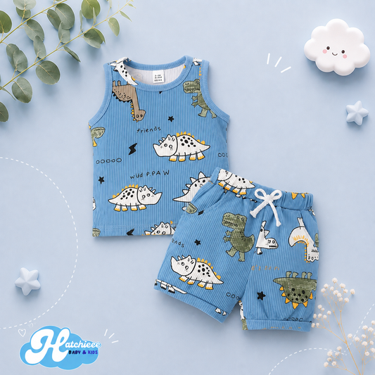 The Ayden - Baby Boy Dinosaur Cartoon Blue Sleeveless Shirt + Shorts