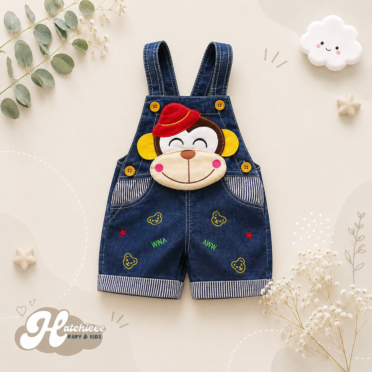 The Zara - Baby Unisex Monkey Design Denim Jumper Overalls