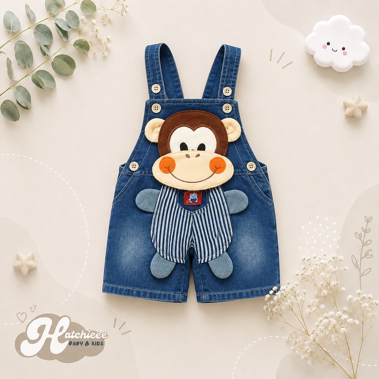 The Zara - Baby Unisex Monkey Design Denim Jumper Overalls