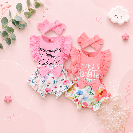 The Aaliyah - Baby Girl Print Sleeveless Romper Top + Floral Shorts + Headband