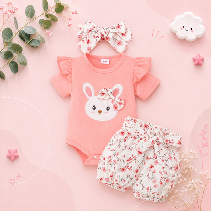 The Josephine - Baby Girl Ruffled Sleeve Rabbit Design Tops + Floral Short + Headband