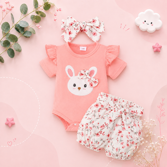 The Josephine - Baby Girl Ruffled Sleeve Rabbit Design Tops + Floral Short + Headband