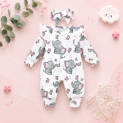 The Blakely - Newborn Baby Girl Elephant Print Long Sleeve Romper Bodysuit