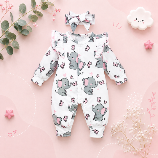 The Blakely - Newborn Baby Girl Elephant Print Long Sleeve Romper Bodysuit