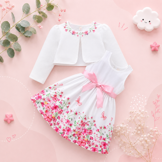 The Addison - Baby Girl  Two Piece Sweet Flower Dress + Cardigan Small Coat