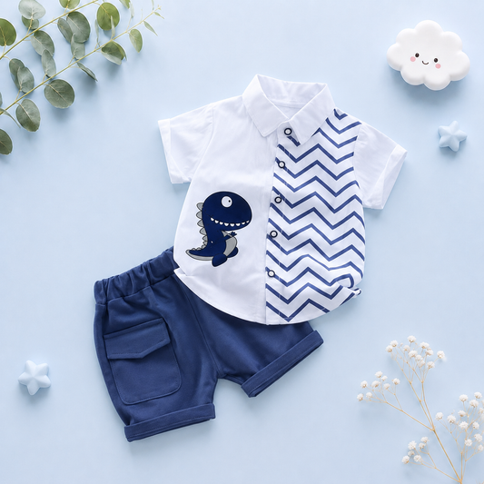 The Kairo - Baby Boy Cute Dino Cartoon Print Tops + Shorts
