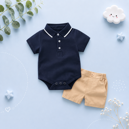 The Leonardo - Baby Boy Gentlemen Cotton Romper Top + Shorts