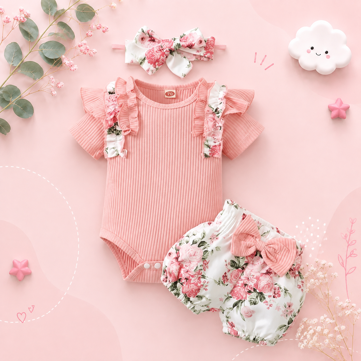 The Sidney - Baby Girl 3PC Outfit Ruffle Romper Bow Top & Print Pants Set