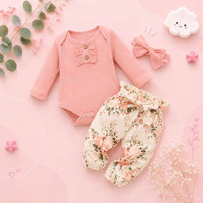 The Sidney - Baby Girl 3PC Outfit Ruffle Romper Bow Top & Print Pants Set