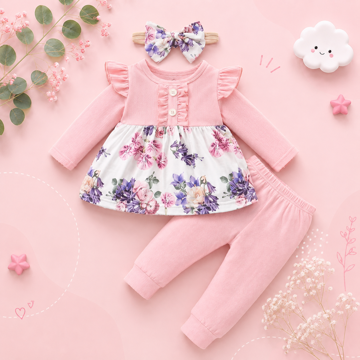 The Sidney - Baby Girl 3PC Outfit Ruffle Romper Bow Top & Print Pants Set