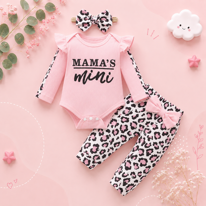 The Sidney - Baby Girl 3PC Outfit Ruffle Romper Bow Top & Print Pants Set
