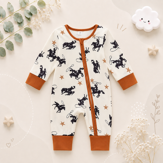 The Zyaire - Baby Unisex Zipper Romper Casual Western Cowboy Print Long Sleeve Jumpsuit