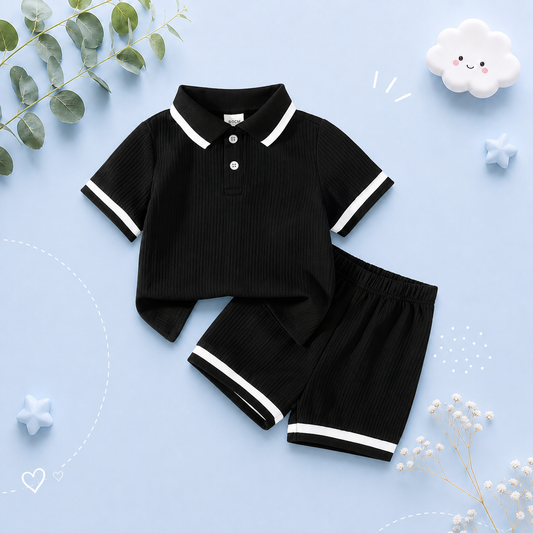 The Marcos - Baby Boy Striped Turn Down Collar Short Sleeve Polo Shirts With Elastic Waist Shorts