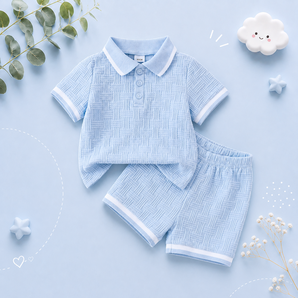 The Marcos - Baby Boy Striped Turn Down Collar Short Sleeve Polo Shirts With Elastic Waist Shorts
