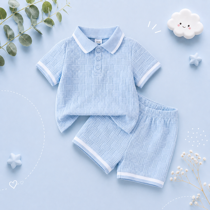 The Marcos - Baby Boy Striped Turn Down Collar Short Sleeve Polo Shirts With Elastic Waist Shorts