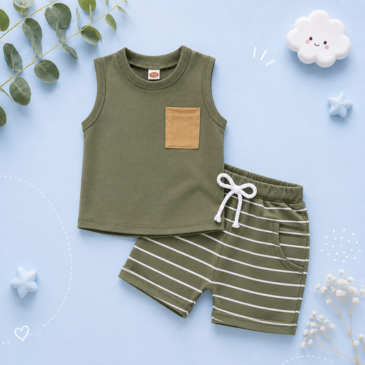The Anthony - Baby Boy Casual Sleeveless Pocket Tank Tops + Striped Pocket Shorts
