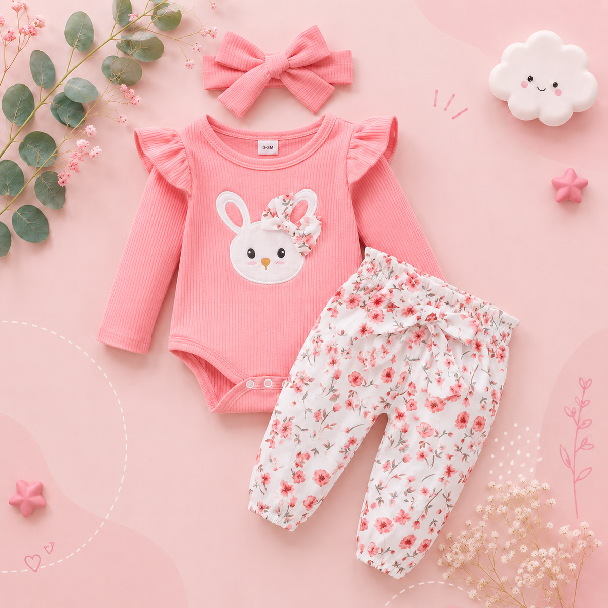 The Josephine - Baby Girl Ruffled Sleeve Rabbit Design Tops + Floral Short + Headband