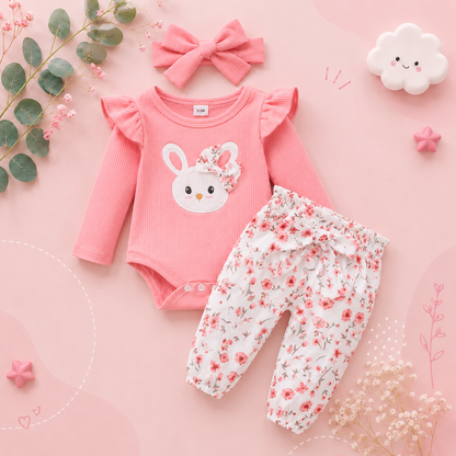 The Josephine - Baby Girl Ruffled Sleeve Rabbit Design Tops + Floral Short + Headband