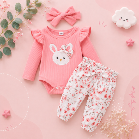 The Josephine - Baby Girl Ruffled Sleeve Rabbit Design Tops + Floral Short + Headband