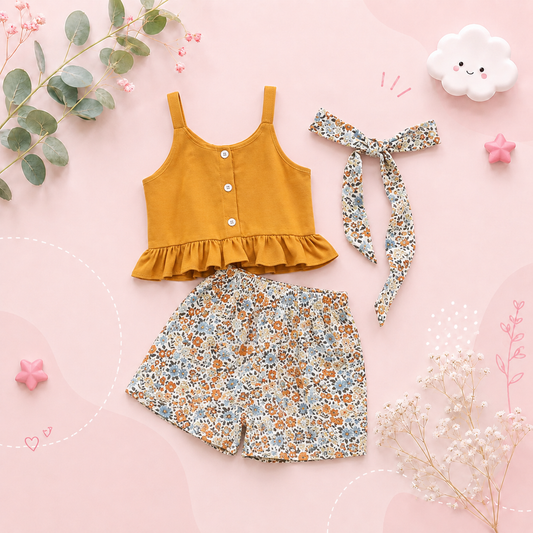 The Ella - Baby Girl Solid Suspender T-shirt Tops + Floral Shorts