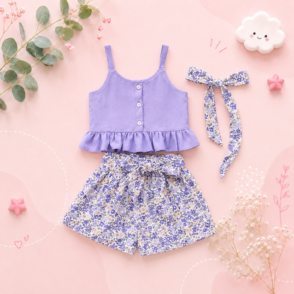 The Ella - Baby Girl Solid Suspender T-shirt Tops + Floral Shorts