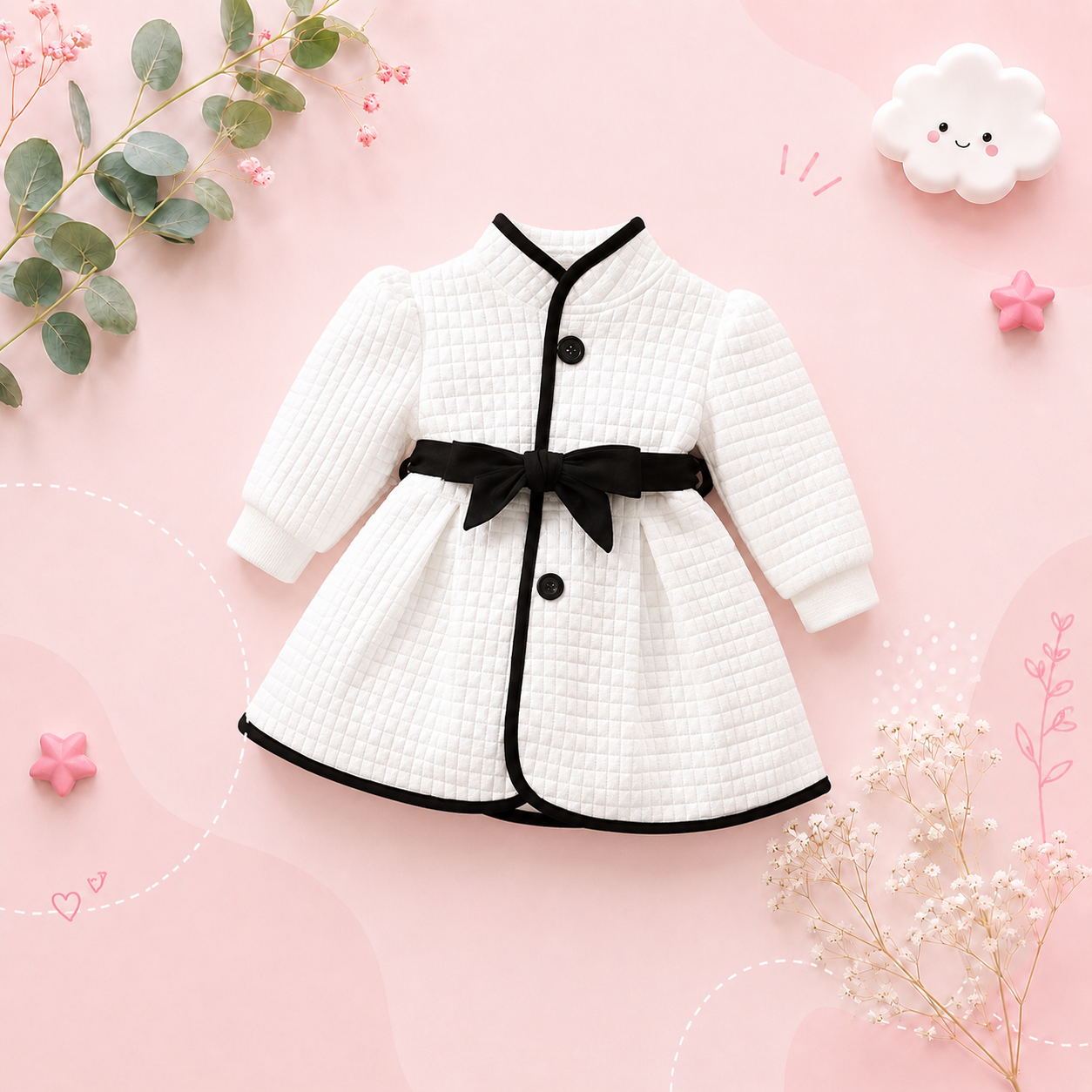 The Celine - Baby Girl Thermal Belted Dress Set Princess Coat Classic Black And White Color Contrast Cardigan
