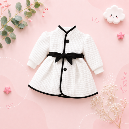The Celine - Baby Girl Thermal Belted Dress Set Princess Coat Classic Black And White Color Contrast Cardigan