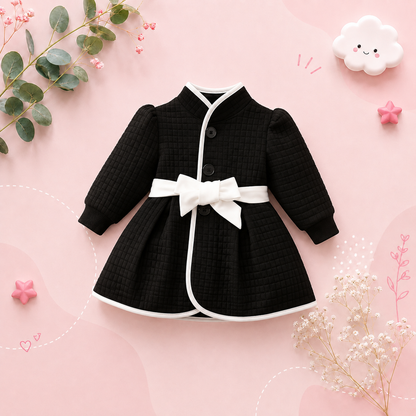 The Celine - Baby Girl Thermal Belted Dress Set Princess Coat Classic Black And White Color Contrast Cardigan
