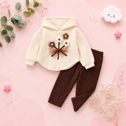 The Eve - Baby Girl 2-Piece Hooded Set: 3D Flower Top & Slim Pants Winter Outfit