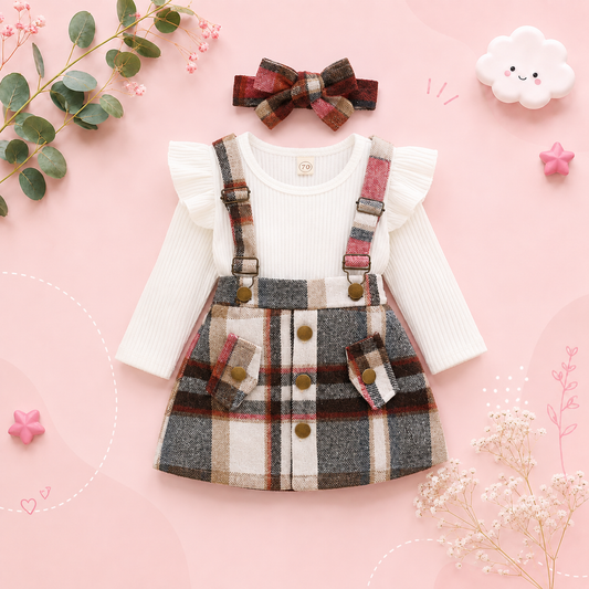 The Selena -Baby Girl 3PCS Ribbed Romper Plaid Suspender Skirt & Headband Spring Outfit