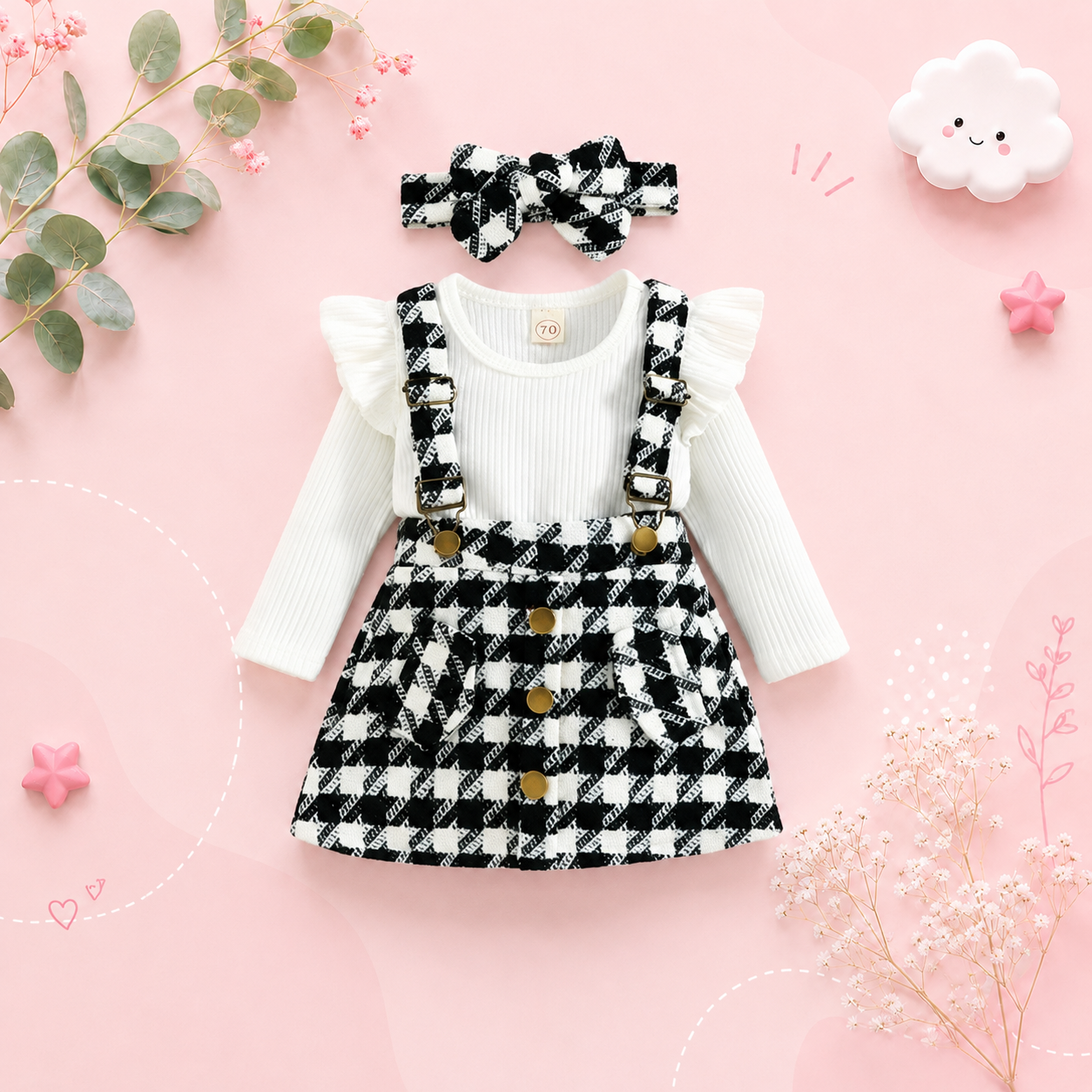 The Selena -Baby Girl 3PCS Ribbed Romper Plaid Suspender Skirt & Headband Spring Outfit