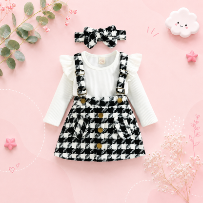The Selena -Baby Girl 3PCS Ribbed Romper Plaid Suspender Skirt & Headband Spring Outfit
