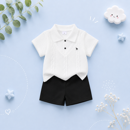 The Alexis - Baby Boy Gentleman 2-Piece Set Knitted Silk Cotton Texture Polo Shirt & Elastic Waist Shorts
