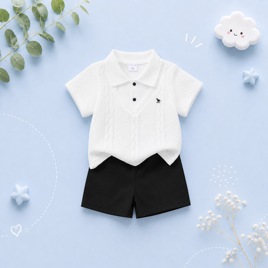 The Alexis - Baby Boy Gentleman 2-Piece Set Knitted Silk Cotton Texture Polo Shirt & Elastic Waist Shorts