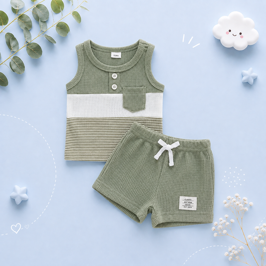 The Abdiel - Toddler Boy Summer Outfit – Contrast Stripe Sleeveless Tank Top & Shorts 2‑Piece Set