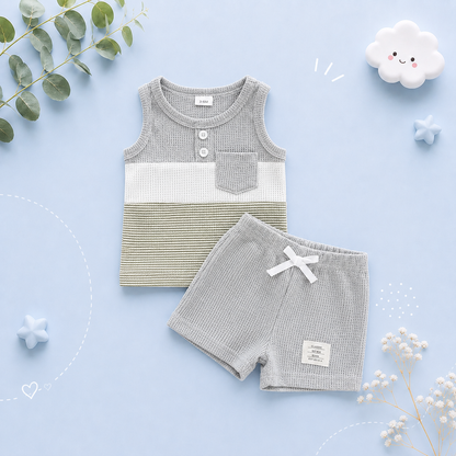 The Abdiel - Toddler Boy Summer Outfit – Contrast Stripe Sleeveless Tank Top & Shorts 2‑Piece Set
